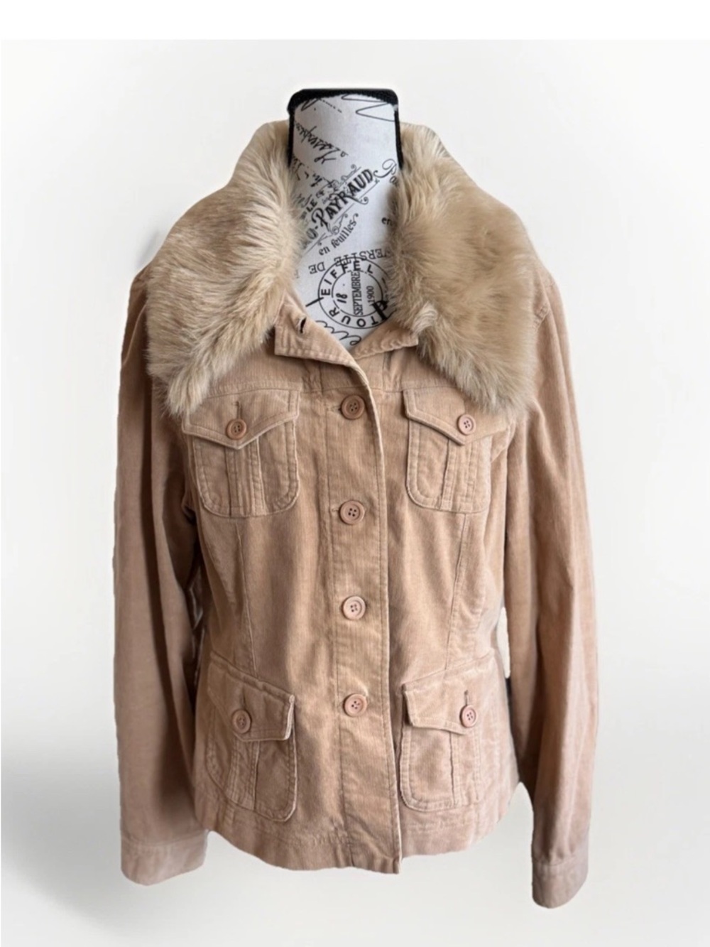 Y2K I.N.C. INTERNATIONAL CONCEPTS LIGHT JACKET TAN BUTTON FAUX FUR COLLAR INC